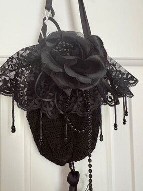 Black Gothic Lace Drawstring Purse Romantic Victorian Style Rose Evening Bag